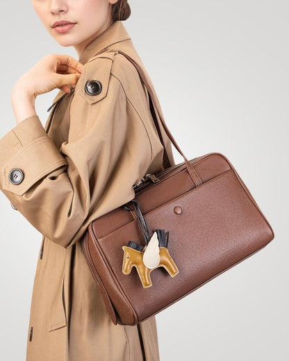 Elegant Minimalist Genuine Leather Bag - Vintage Boston Shoulder Tote with Charm