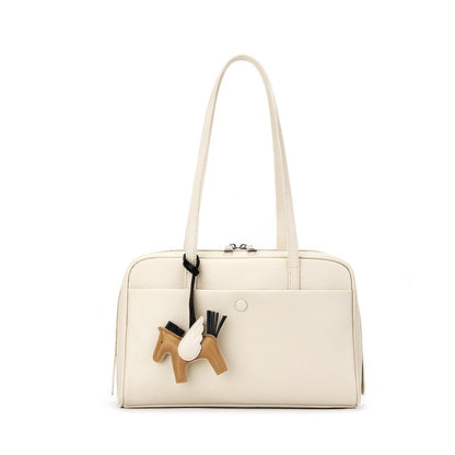 Elegant Minimalist Genuine Leather Bag - Vintage Boston Shoulder Tote with Charm