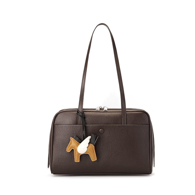 Elegant Minimalist Genuine Leather Bag - Vintage Boston Shoulder Tote with Charm