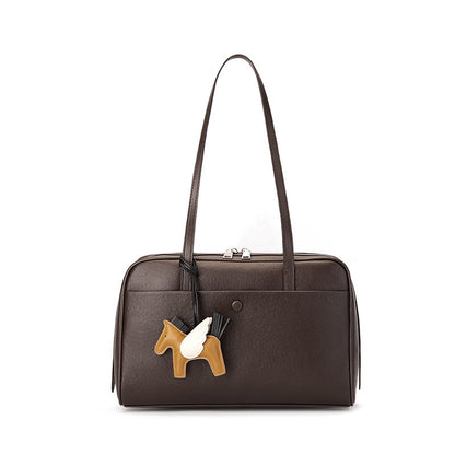 Elegant Minimalist Genuine Leather Bag - Vintage Boston Shoulder Tote with Charm