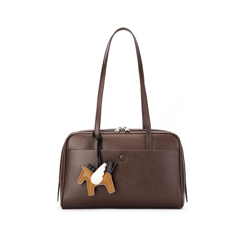 Elegant Minimalist Genuine Leather Bag - Vintage Boston Shoulder Tote with Charm