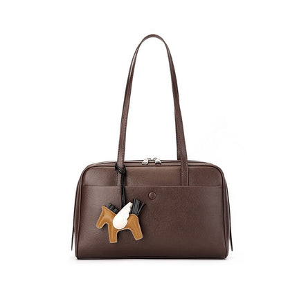 Elegant Minimalist Genuine Leather Bag - Vintage Boston Shoulder Tote with Charm