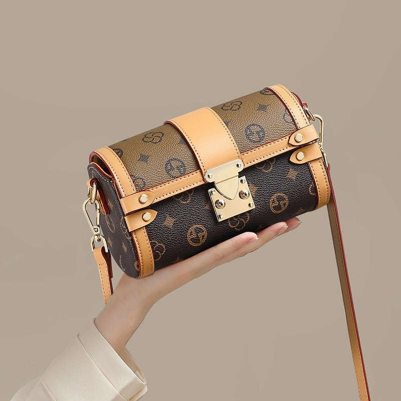 Monogram Print Faux Leather Buckle-Accent Barrel Crossbody Bag