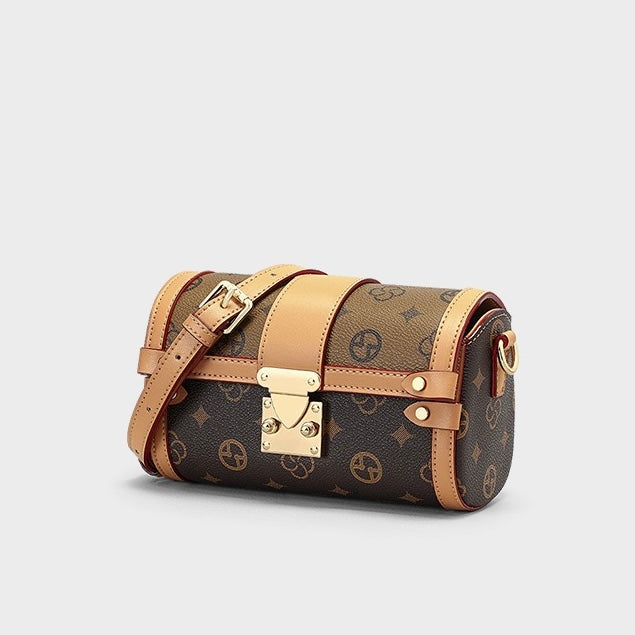 Monogram Print Faux Leather Buckle-Accent Barrel Crossbody Bag
