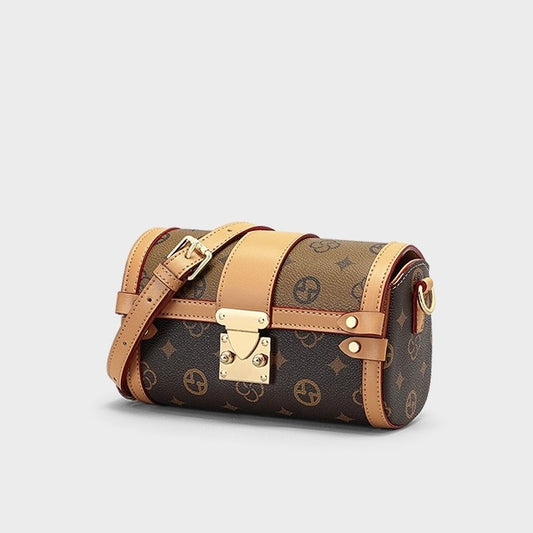 Monogram Print Faux Leather Buckle-Accent Barrel Crossbody Bag