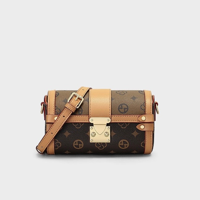 Monogram Print Faux Leather Buckle-Accent Barrel Crossbody Bag