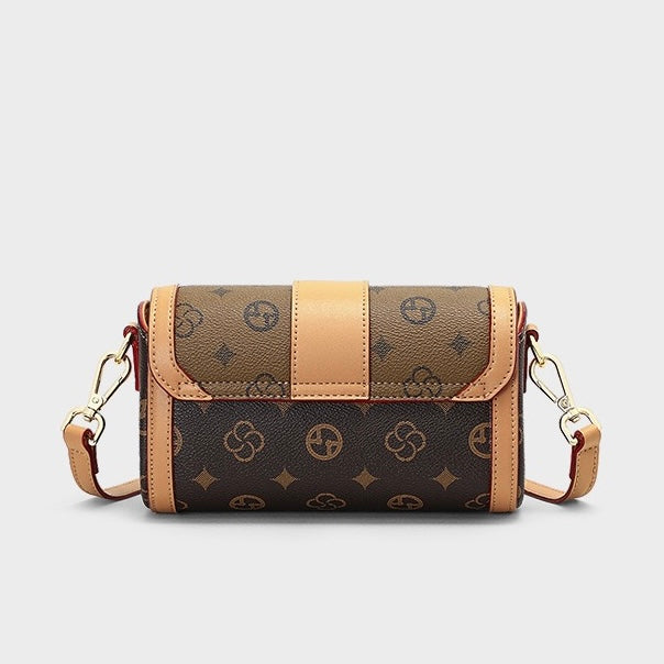 Monogram Print Faux Leather Buckle-Accent Barrel Crossbody Bag