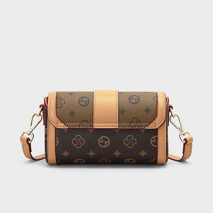 Monogram Print Faux Leather Buckle-Accent Barrel Crossbody Bag