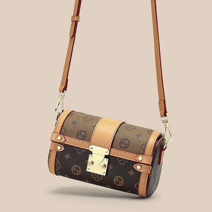 Monogram Print Faux Leather Buckle-Accent Barrel Crossbody Bag