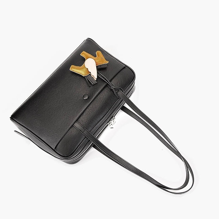 Elegant Minimalist Genuine Leather Bag - Vintage Boston Shoulder Tote with Charm