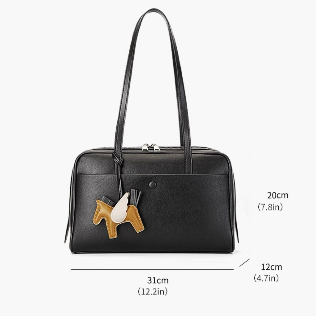 Elegant Minimalist Genuine Leather Bag - Vintage Boston Shoulder Tote with Charm