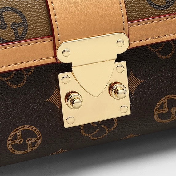 Monogram Print Faux Leather Buckle-Accent Barrel Crossbody Bag
