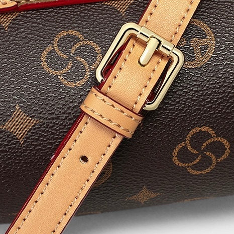 Monogram Print Faux Leather Buckle-Accent Barrel Crossbody Bag