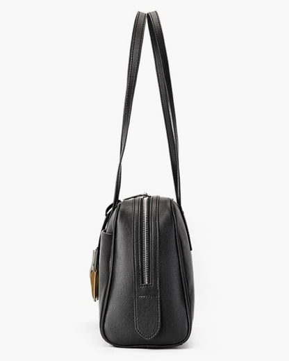 Elegant Minimalist Genuine Leather Bag - Vintage Boston Shoulder Tote with Charm