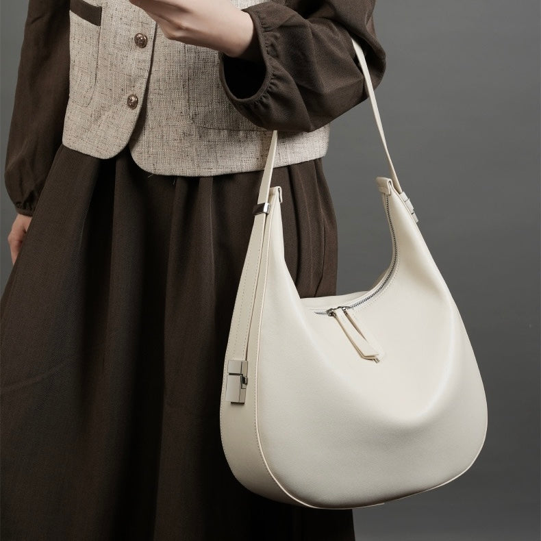 Minimalist Design Genuine Leather Crescent Underarm Shoulder Handbag