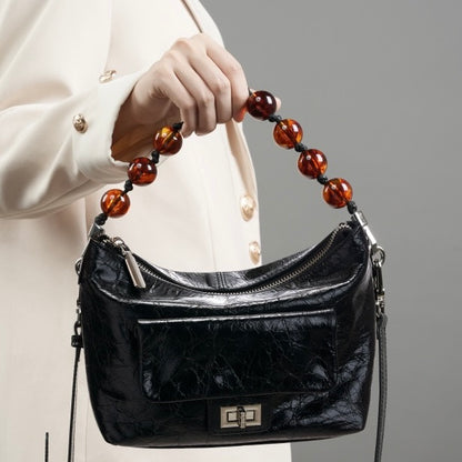 Women's Retro Waxed Genuine Leather Pleated Beaded Chain Crossbody Bag