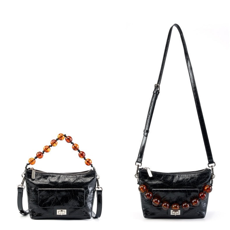 Women's Retro Waxed Genuine Leather Pleated Beaded Chain Crossbody Bag
