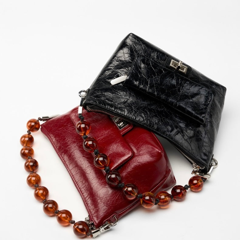 Women's Retro Waxed Genuine Leather Pleated Beaded Chain Crossbody Bag