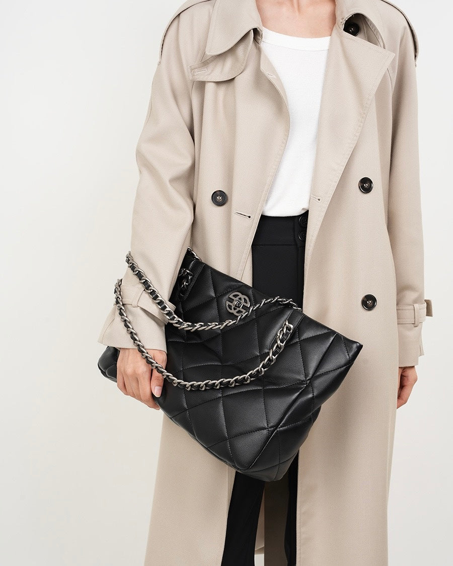 Classic Quilted Genuine Leather Bag - Luxury Chain Strap Tote with Mini Pouch