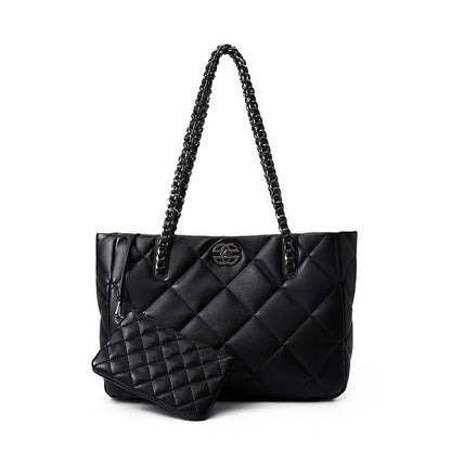 Classic Quilted Genuine Leather Bag - Luxury Chain Strap Tote with Mini Pouch