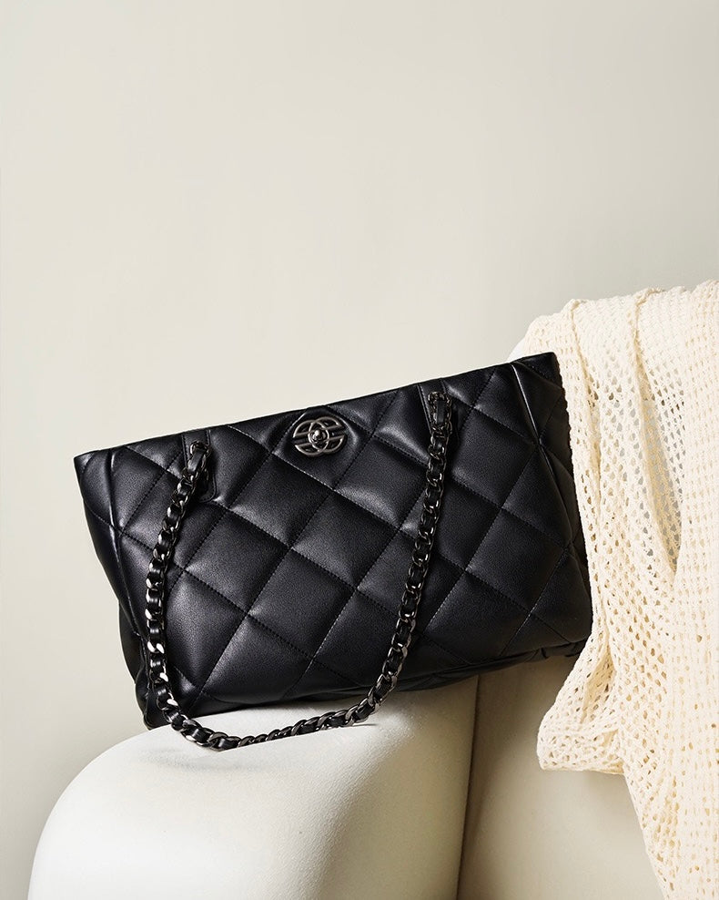 Classic Quilted Genuine Leather Bag - Luxury Chain Strap Tote with Mini Pouch