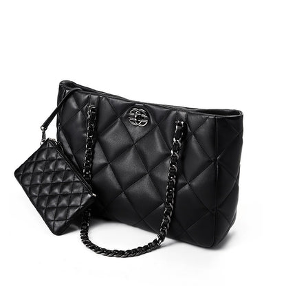 Classic Quilted Genuine Leather Bag - Luxury Chain Strap Tote with Mini Pouch