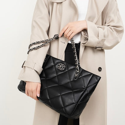 Classic Quilted Genuine Leather Bag - Luxury Chain Strap Tote with Mini Pouch