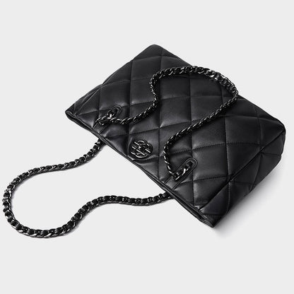 Classic Quilted Genuine Leather Bag - Luxury Chain Strap Tote with Mini Pouch