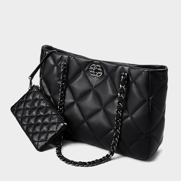 Classic Quilted Genuine Leather Bag - Luxury Chain Strap Tote with Mini Pouch