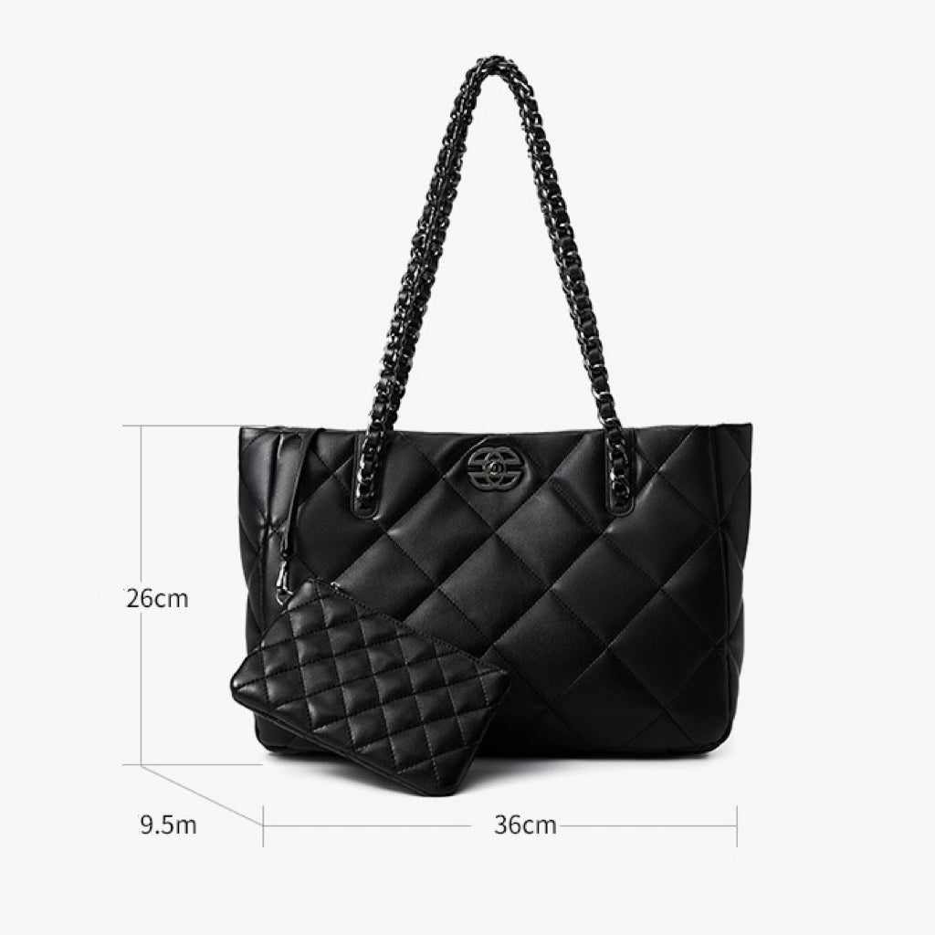 Classic Quilted Genuine Leather Bag - Luxury Chain Strap Tote with Mini Pouch