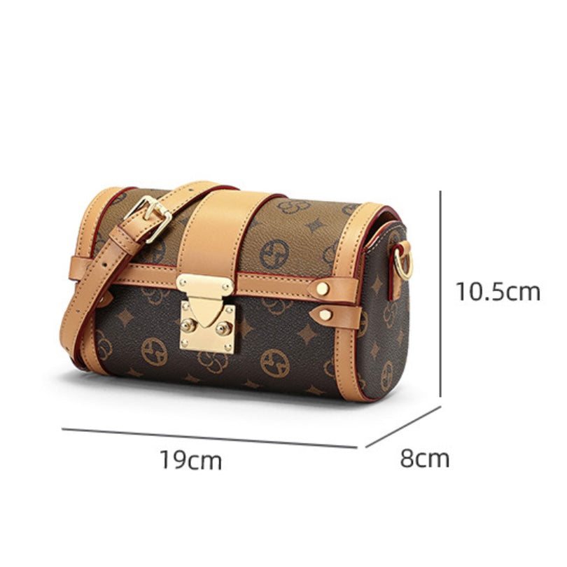 Monogram Print Faux Leather Buckle-Accent Barrel Crossbody Bag