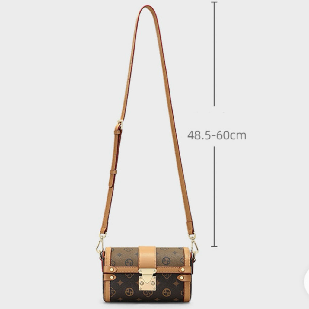 Monogram Print Faux Leather Buckle-Accent Barrel Crossbody Bag