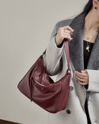 Urban Moto Genuine Leather Bag - Edgy Pebbled Shoulder Hobo with Tassels