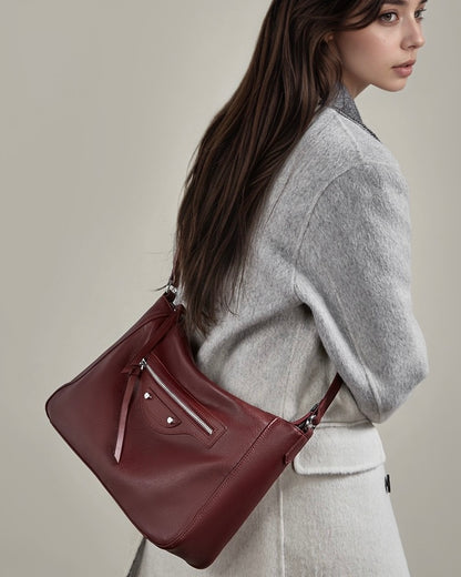 Urban Moto Genuine Leather Bag - Edgy Pebbled Shoulder Hobo with Tassels