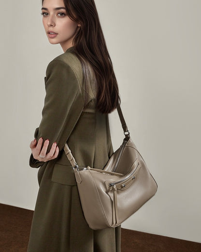 Urban Moto Genuine Leather Bag - Edgy Pebbled Shoulder Hobo with Tassels