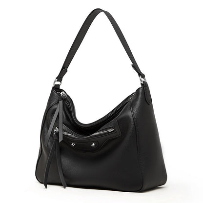 Urban Moto Genuine Leather Bag - Edgy Pebbled Shoulder Hobo with Tassels