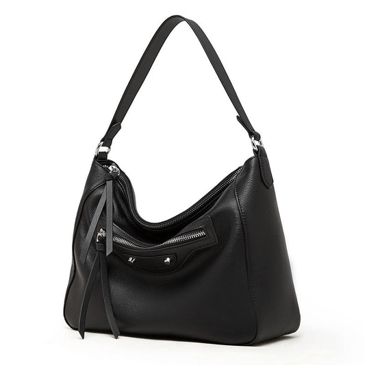 Urban Moto Genuine Leather Bag - Edgy Pebbled Shoulder Hobo with Tassels