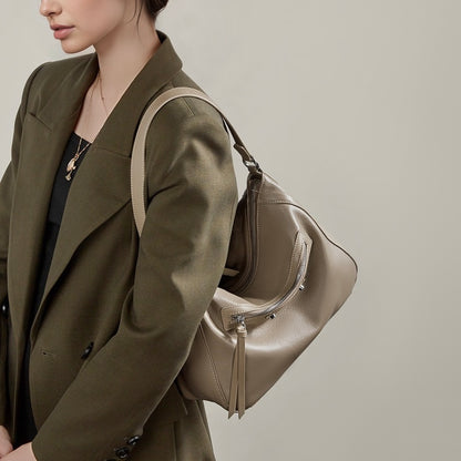 Urban Moto Genuine Leather Bag - Edgy Pebbled Shoulder Hobo with Tassels