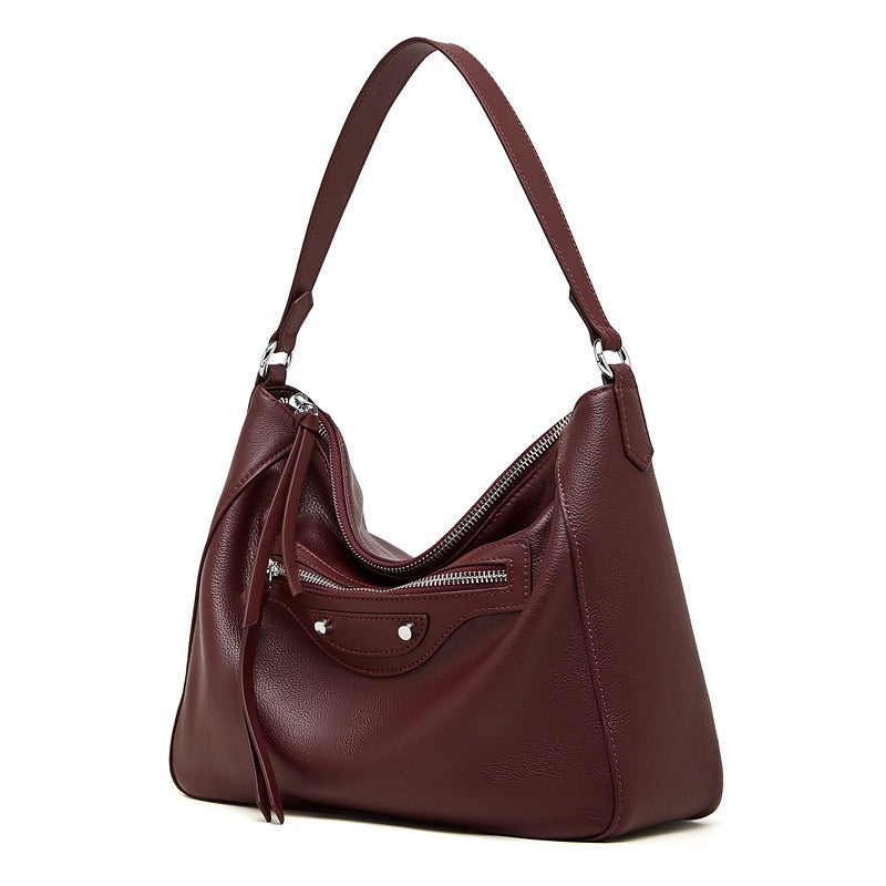 Urban Moto Genuine Leather Bag - Edgy Pebbled Shoulder Hobo with Tassels