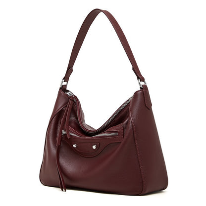 Urban Moto Genuine Leather Bag - Edgy Pebbled Shoulder Hobo with Tassels
