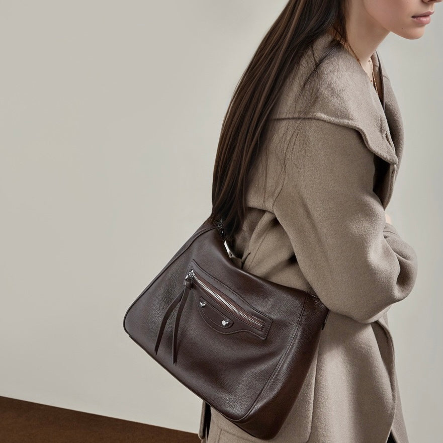 Urban Moto Genuine Leather Bag - Edgy Pebbled Shoulder Hobo with Tassels