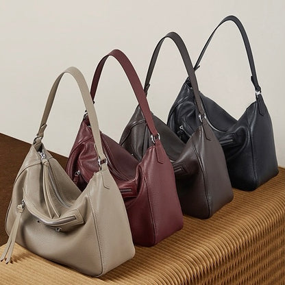 Urban Moto Genuine Leather Bag - Edgy Pebbled Shoulder Hobo with Tassels