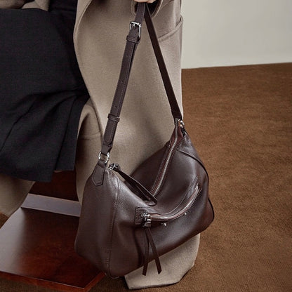 Urban Moto Genuine Leather Bag - Edgy Pebbled Shoulder Hobo with Tassels