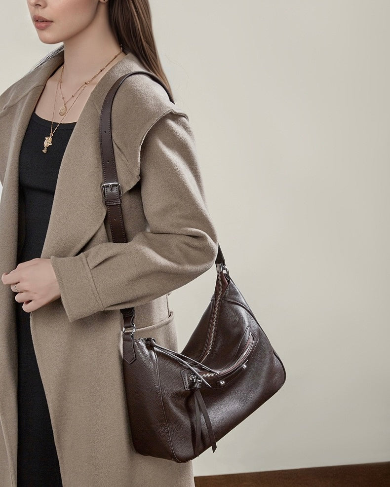 Urban Moto Genuine Leather Bag - Edgy Pebbled Shoulder Hobo with Tassels