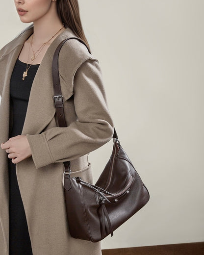 Urban Moto Genuine Leather Bag - Edgy Pebbled Shoulder Hobo with Tassels