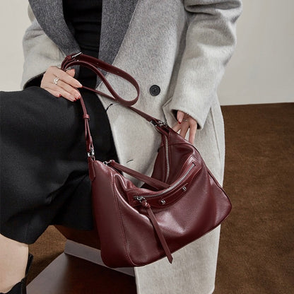 Urban Moto Genuine Leather Bag - Edgy Pebbled Shoulder Hobo with Tassels