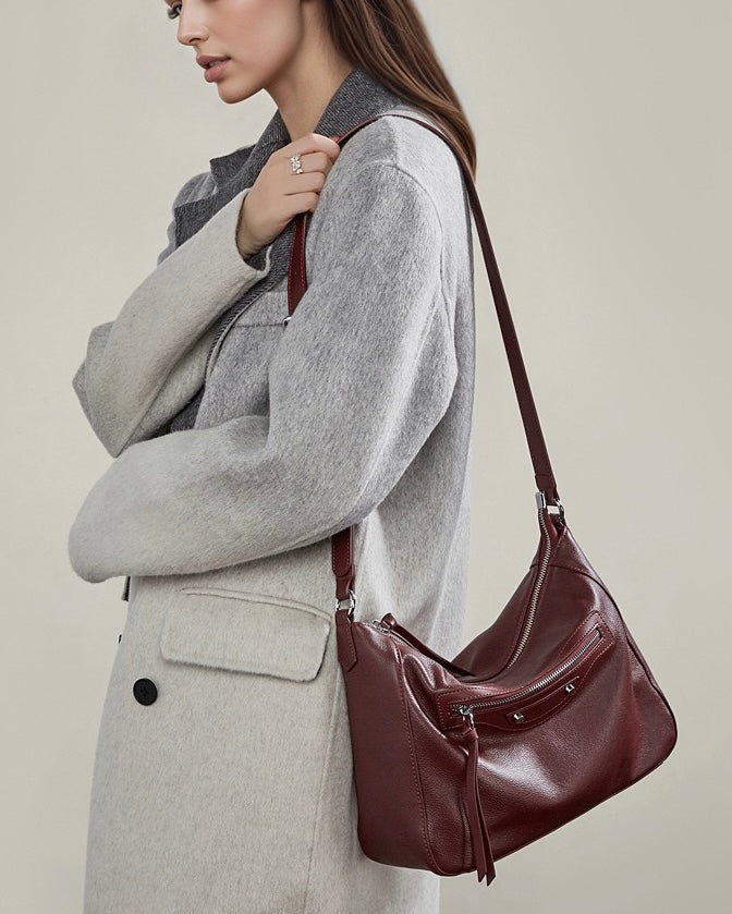 Urban Moto Genuine Leather Bag - Edgy Pebbled Shoulder Hobo with Tassels