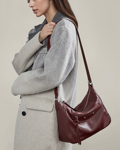 Urban Moto Genuine Leather Bag - Edgy Pebbled Shoulder Hobo with Tassels