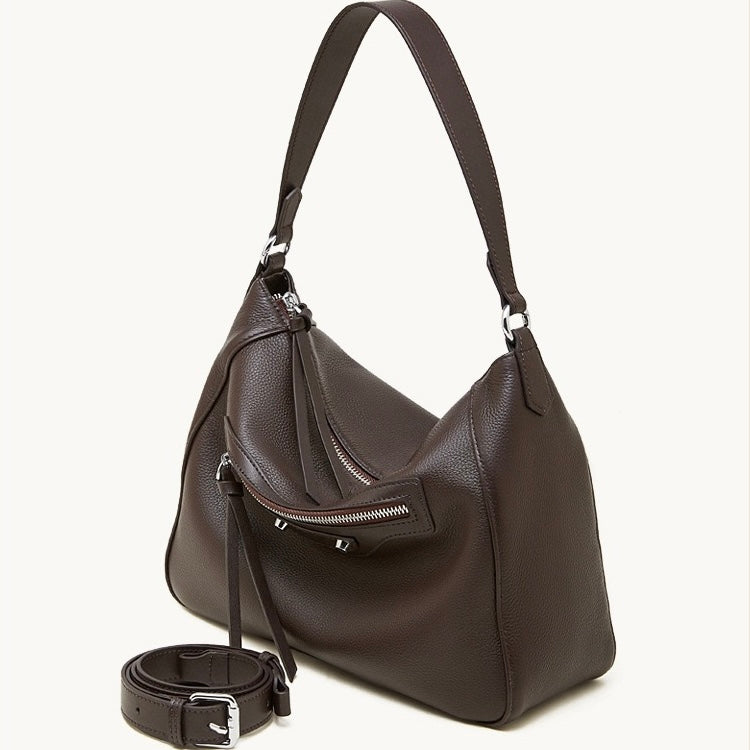 Urban Moto Genuine Leather Bag - Edgy Pebbled Shoulder Hobo with Tassels