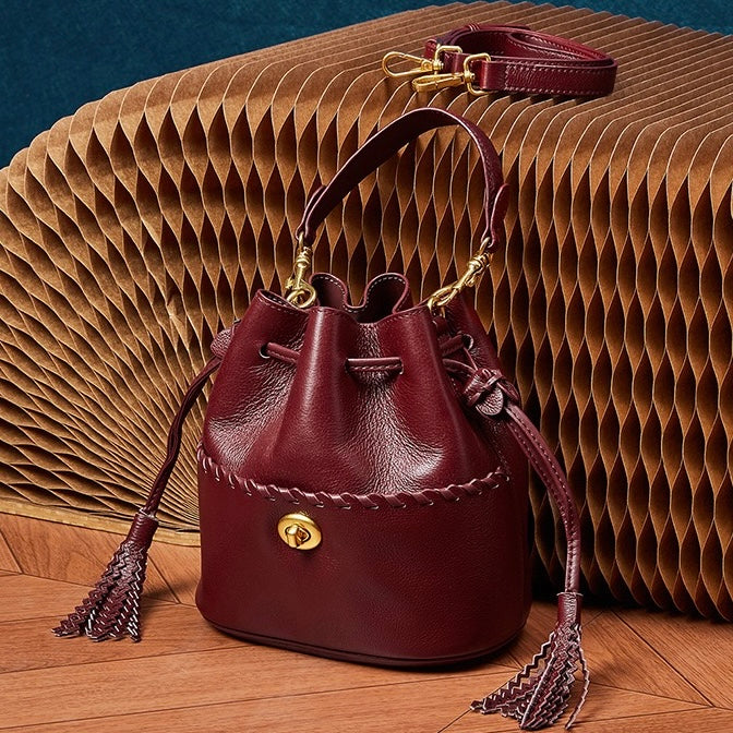 Damen Echtleder Neue Bucket Fringe Handtasche Umhängetasche
